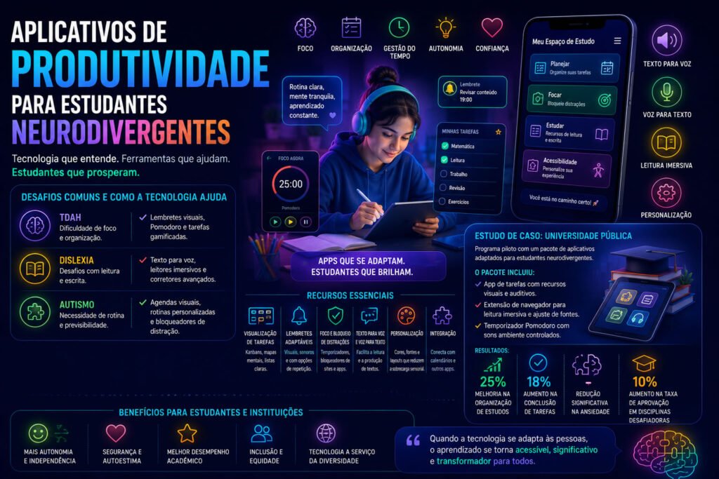 Infográfico colorido mostrando aplicativos de produtividade para estudantes neurodivergentes, com recursos de foco, organização, gestão do tempo, leitura imersiva, texto para voz e personalização para TDAH, dislexia e autismo.