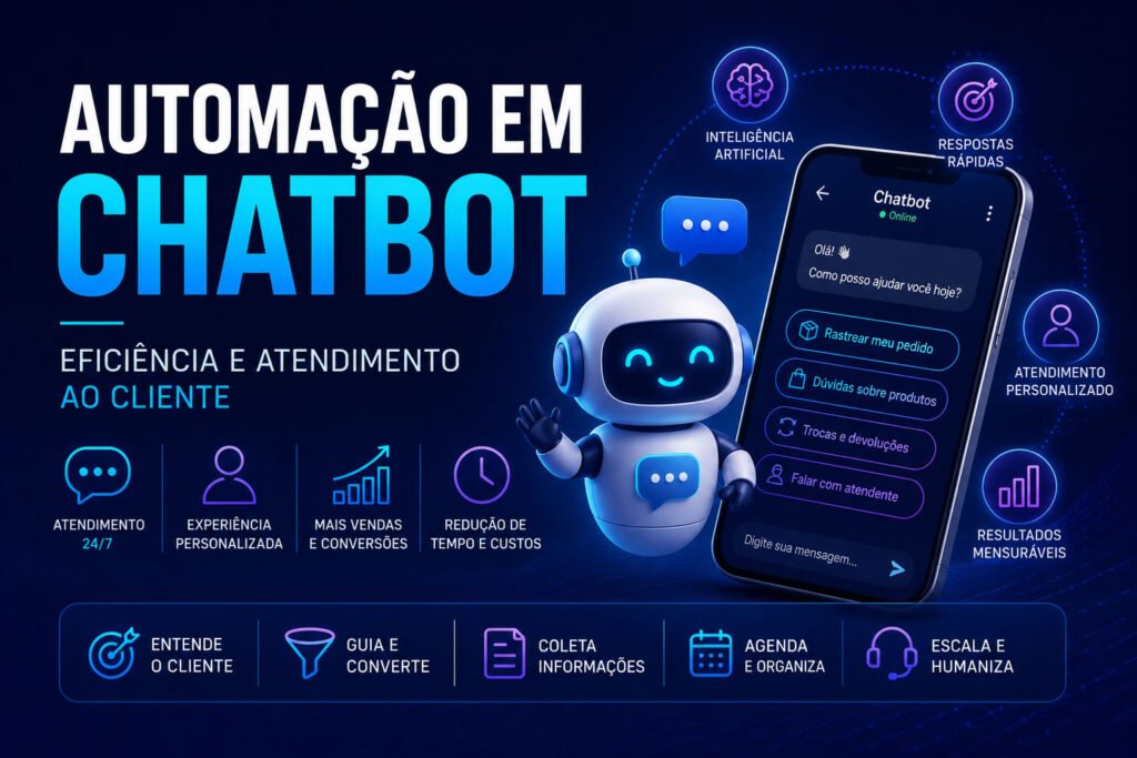Ilustração futurista de automação em chatbot mostrando um robô virtual e uma interface de conversa em smartphone, destacando atendimento ao cliente 24 horas, inteligência artificial, personalização, aumento de vendas e redução de custos no Marketing Digital.