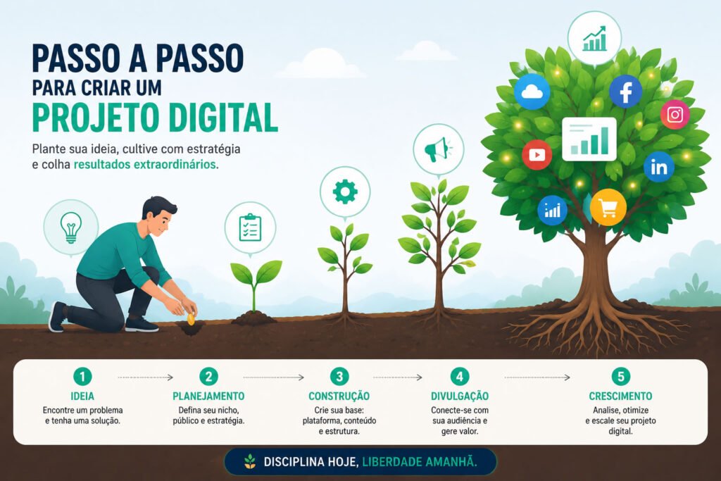 Ilustração: Passo a passo para criar um projeto digital, representando o crescimento de uma ideia a um negócio online.