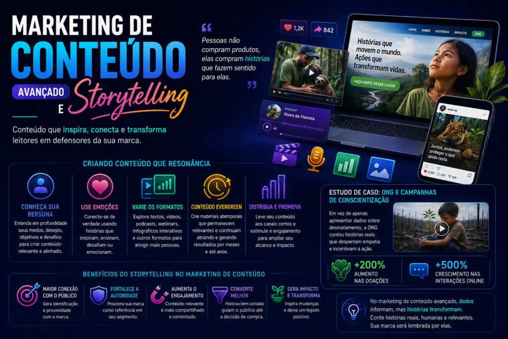 Infográfico moderno sobre Marketing de Conteúdo Avançado e Storytelling mostrando conteúdos multimídia, redes sociais, vídeos, podcasts e campanhas emocionais que aumentam o engajamento, fortalecem a marca e impulsionam resultados.