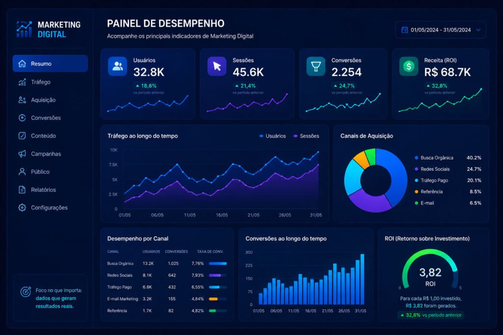 Painel de controle de análise de dados de Marketing Digital mostrando gráficos de desempenho.
