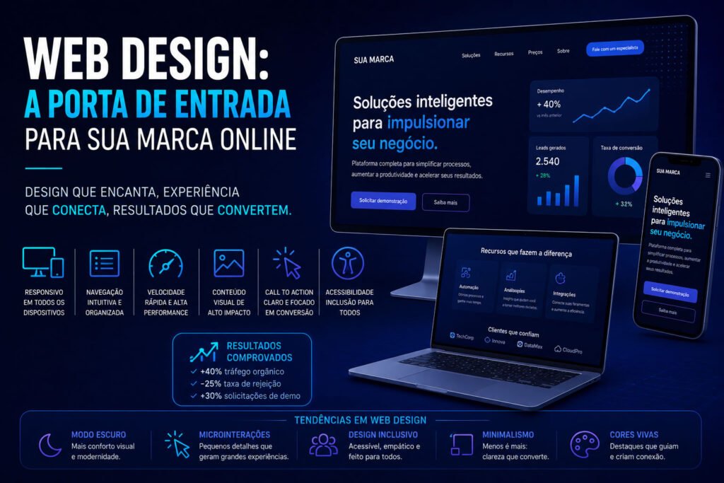 Ilustração futurista de web design mostrando um website responsivo exibido em computador, notebook e smartphone, destacando experiência do usuário, velocidade, acessibilidade, design moderno e otimização para conversão no Marketing Digital.