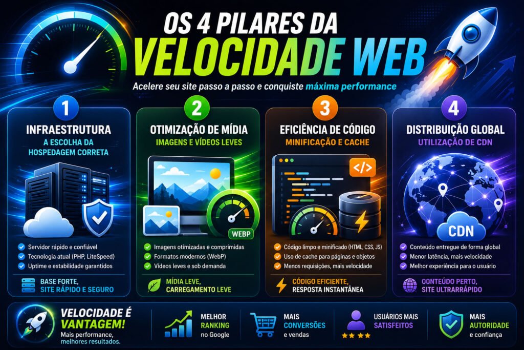 Infográfico mostrando os quatro pilares da velocidade web: infraestrutura de hospedagem, otimização de mídia, eficiência de código e distribuição global com CDN.