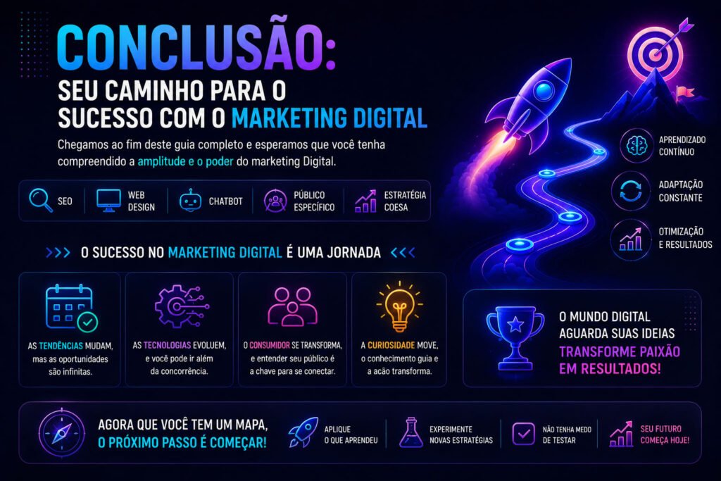 Infográfico futurista de conclusão sobre Marketing Digital mostrando um foguete seguindo uma jornada rumo a uma meta, simbolizando crescimento, aprendizado contínuo, adaptação, inovação e sucesso digital.