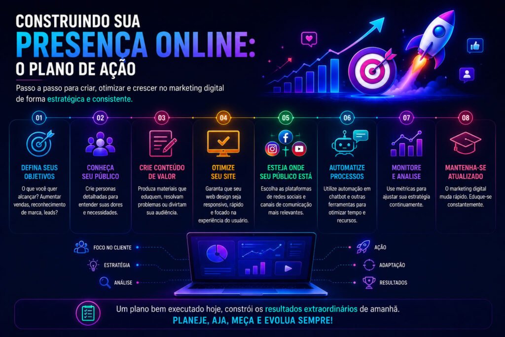 Infográfico futurista mostrando um plano de ação para construir presença online, com etapas como definição de objetivos, criação de conteúdo, otimização de site, automação, análise de métricas e crescimento no Marketing Digital.