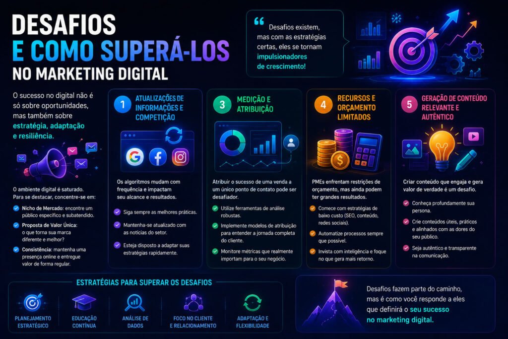 Infográfico futurista sobre os principais desafios do Marketing Digital mostrando concorrência, mudanças de algoritmos, análise de dados, orçamento limitado e criação de conteúdo, com soluções estratégicas para crescimento digital.