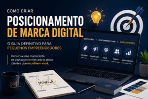 Posicionamento de marca digital para pequenos empreendedores com elementos de branding, identidade visual e estratégia de mercado.