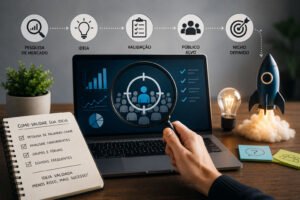 Infográfico mostrando o passo a passo de como validar uma ideia e escolher um nicho lucrativo na internet.