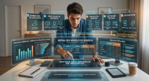 Infográfico mostrando um empreendedor analisando gráficos de palavras-chave e diferentes modelos de negócio online, como marketing de afiliados, produtos digitais e prestação de serviços, para definir a monetização.