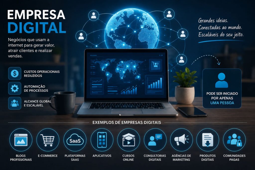 Representação visual de uma empresa digital utilizando internet, automação, tecnologia e modelos de negócio online como blogs, e-commerce, SaaS e produtos digitais.