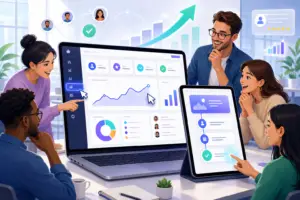 Demos interativas saas - Equipe analisando painéis de dados em laptop e tablet, com gráficos de crescimento e indicadores de desempenho