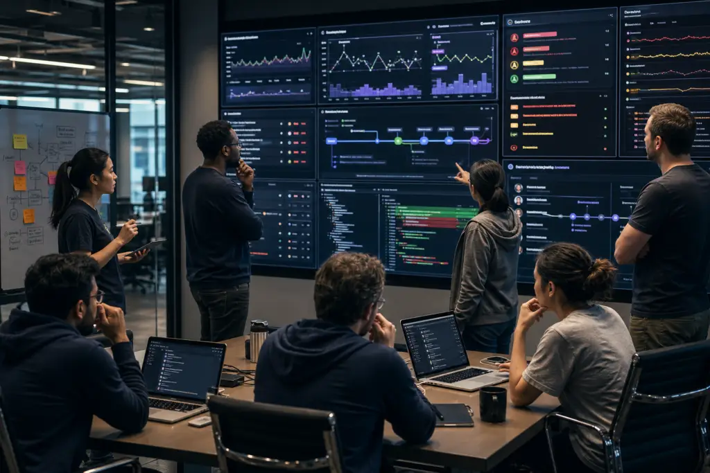 gerenciar quebras producao startups - Equipe analisando painéis de métricas e gráficos em uma sala de reunião