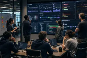 gerenciar quebras producao startups - Equipe analisando painéis de métricas e gráficos em uma sala de reunião