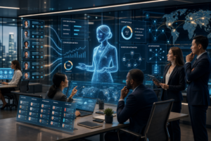 Equipe de negócios analisando painéis holográficos de vendas do paypal, métricas e mapa global de contatos