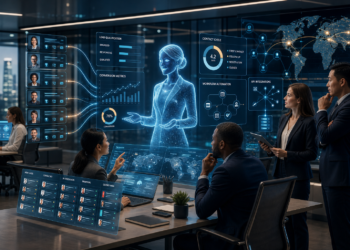 Equipe de negócios analisando painéis holográficos de vendas do paypal, métricas e mapa global de contatos