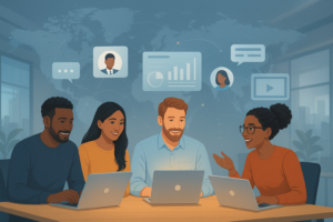 Comunidades de SaaS Equipe diversa em reunião colaborativa com laptops, gráficos e ícones de comunicação ao fundo