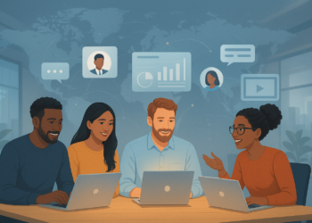 Comunidades de SaaS Equipe diversa em reunião colaborativa com laptops, gráficos e ícones de comunicação ao fundo