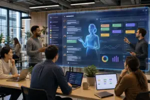 Equipe em reunião analisando um painel digital com assistente virtual, gráficos e tarefas em um escritório moderno