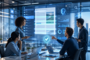 Equipe em reunião analisando um painel digital com gráficos, documentos e indicadores de desempenho1
