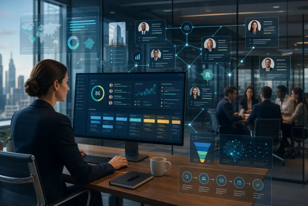 Estrategias prospeccao vendas - Executiva analisando painel digital com métricas, perfis de equipe e fluxos de trabalho em escritório moderno
