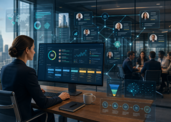 Estrategias prospeccao vendas - Executiva analisando painel digital com métricas, perfis de equipe e fluxos de trabalho em escritório moderno