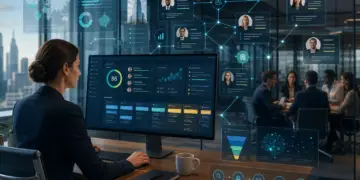 Estrategias prospeccao vendas - Executiva analisando painel digital com métricas, perfis de equipe e fluxos de trabalho em escritório moderno