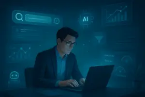 classificar resultados busca IA - Homem trabalhando em um laptop, cercado por ícones de IA, busca, gráficos e métricas de desempenho web