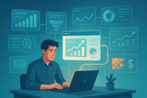 Ferramentas de analise de conteudo - Homem trabalhando em um laptop com painéis de gráficos e indicadores de análise de dados ao fundo