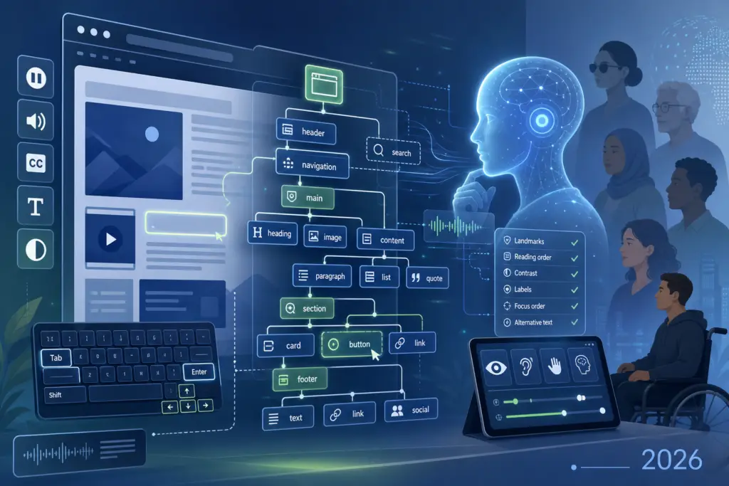 Ilustração de acessibilidade digital com fluxograma de estrutura de página, teclado, controles e pessoas diversas, destacando navegação, contraste e texto alternativo em 2026