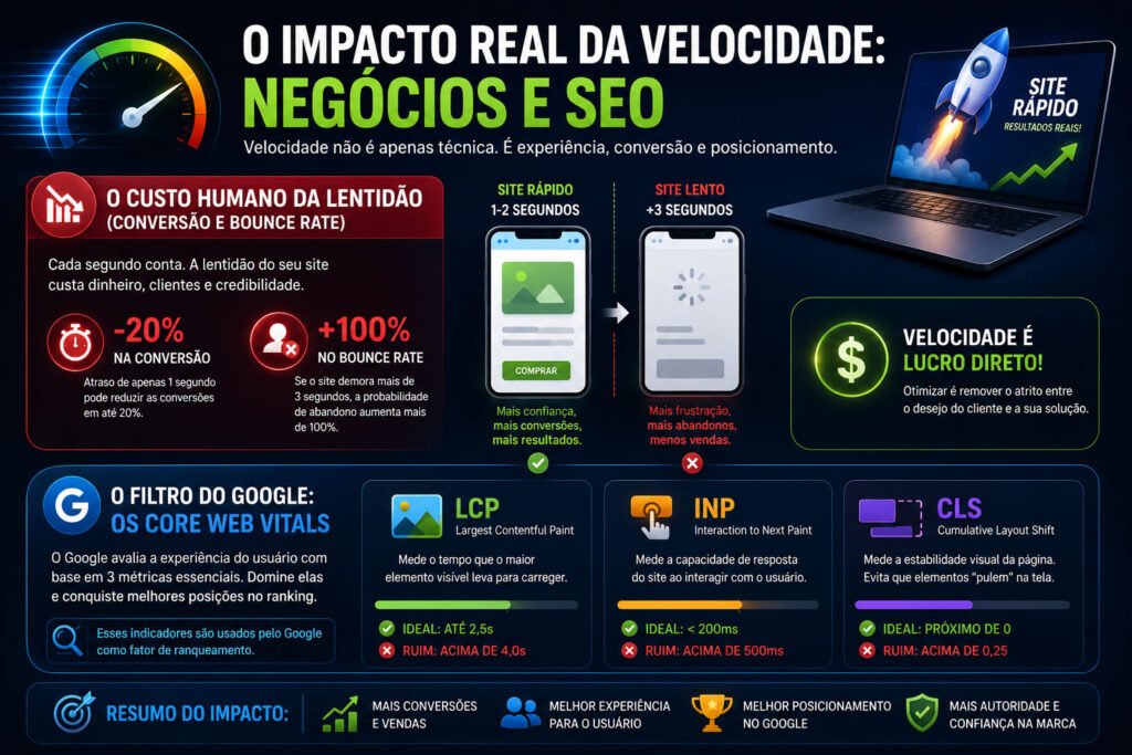 Infográfico mostrando como a velocidade do site impacta as conversões, a taxa de rejeição, a experiência do usuário e o posicionamento no Google através dos Core Web Vitals.
