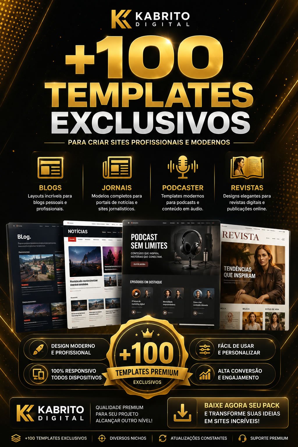 Pack com mais de 100 templates exclusivos para WordPress, incluindo layouts profissionais para blogs, jornais online, podcasts e revistas digitais.
