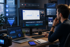 Videos demonstação saas Painel de edição e análise de vídeos com gráficos, linha do tempo e pré-visualização de um apresentador em tela