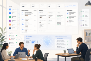 Painel de feedback e roadmap de produto com métricas, solicitações, integrações e análise por IA em uma reunião de equipe
