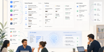 Painel de feedback e roadmap de produto com métricas, solicitações, integrações e análise por IA em uma reunião de equipe