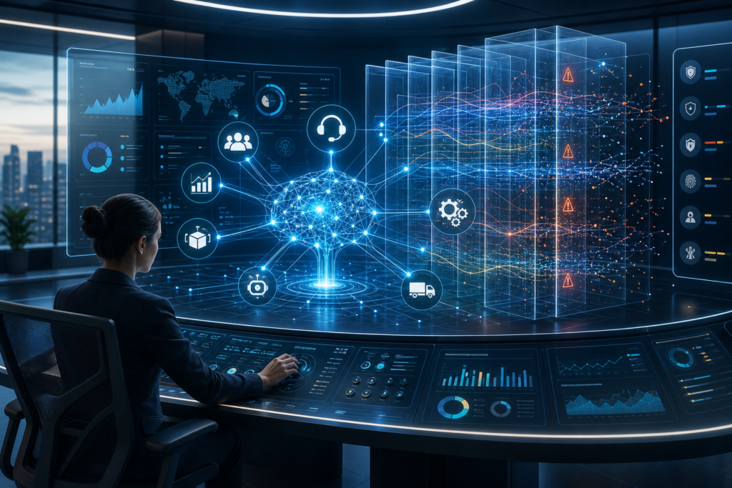 Painel futurista de IA com gráficos, alertas e ícones de automação em uma sala de controle