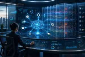 Painel futurista de IA com gráficos, alertas e ícones de automação em uma sala de controle