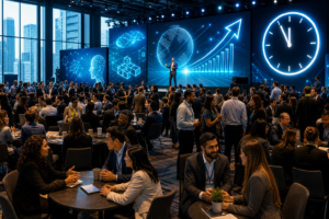 TechCrunch Palestra em conferência de negócios com público reunido e telas exibindo gráficos de crescimento, IA e um relógio gigante