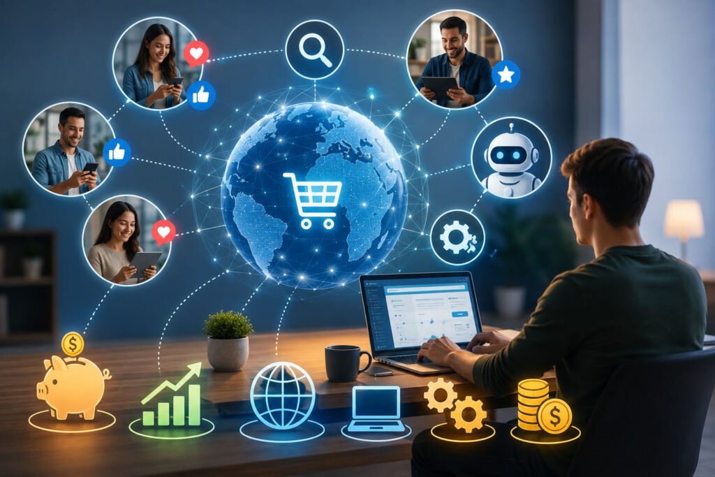 Empreendedor gerenciando uma empresa digital com alcance global utilizando inteligência artificial, automação, marketing online e tecnologia.