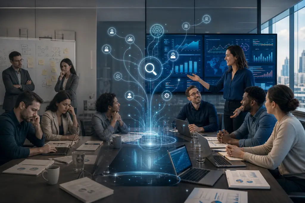 Reunião de equipe em sala de conferência com gráficos digitais e ícone de busca em destaque no centro