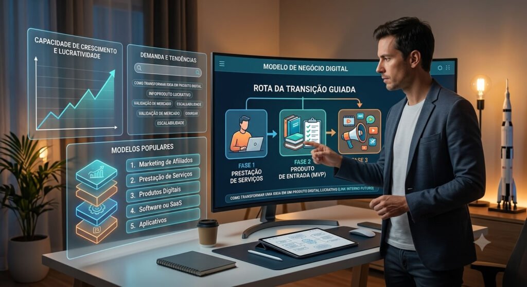 Infográfico com a rota da transição guiada mostrando como transformar uma ideia em um produto digital lucrativo através de serviços e infoprodutos.