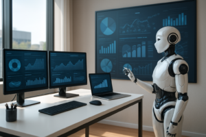 Ilustração do VP de Marketing de IA controlando dashboards e dados
