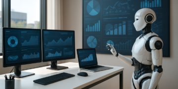 Ilustração do VP de Marketing de IA controlando dashboards e dados