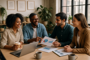 Pequenos empresários discutindo opções de financiamento