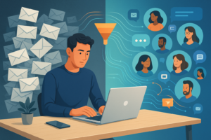 Estratégia Outreach Facebook - Homem trabalhando no laptop enquanto mensagens são filtradas e contatos aparecem em ícones de conversa