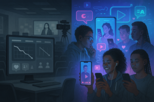Declinacao do público jovem - Ilustração contrastando uma sala de aula e jovens usando celulares em transmissões e redes sociais, com gráficos de engajamento e vídeo ao vivo