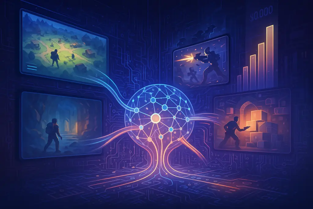 Jogos ia da general - intuition Ilustração de uma rede de IA conectando quatro cenas de jogo e gráficos de desempenho