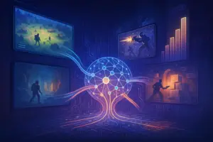Jogos ia da general - intuition Ilustração de uma rede de IA conectando quatro cenas de jogo e gráficos de desempenho