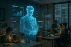 Painel de finanças com avatar holográfico e gráficos de fluxo de caixa, faturas e reconciliação em um escritório