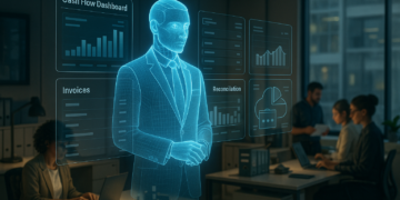 Painel de finanças com avatar holográfico e gráficos de fluxo de caixa, faturas e reconciliação em um escritório