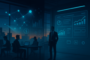 Fintechs Invisiveis Ia Reunião de negócios com painel de dados e gráficos em uma sala de escritório ao entardecer